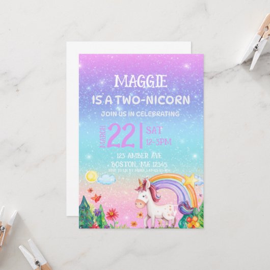 TWO-NICORN 2歳の誕生日招待状 招待状 (正面/裏面インサイチュ)