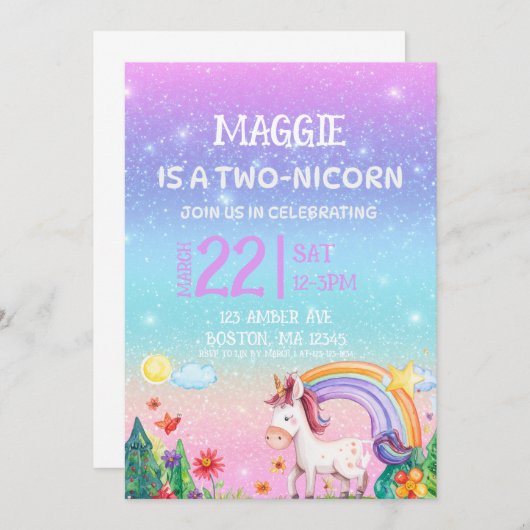 TWO-NICORN 2nd birthday invitation  招待状 (正面/裏面)
