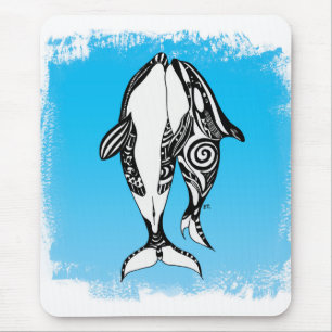Two Orca Whales Tribal Blue Brushed マウスパッド