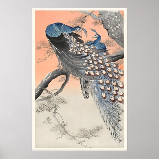 Two Peacocks on Tree Branch Japanese Fine Art ポスター (正面)