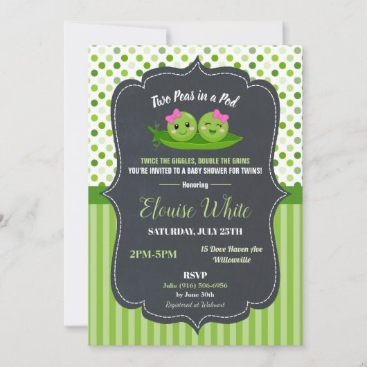 Two Peas in a Pod Baby Shower Twins Baby Girls 招待状 (正面)