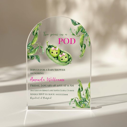 Two Peas in A Pod Pink Girl Twins Baby Shower Arch アクリル招待状