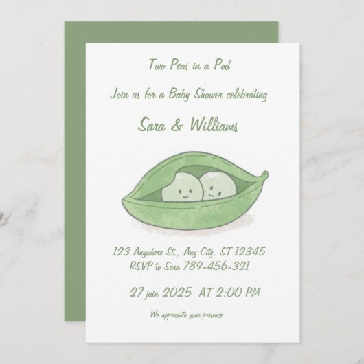 Two Peas In a Pod Twin Baby Shower Invitation 招待状 (正面/裏面)