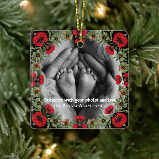 Two Photo Custom Text Red Poppies Free Palestine セラミックオーナメント (ツリー)