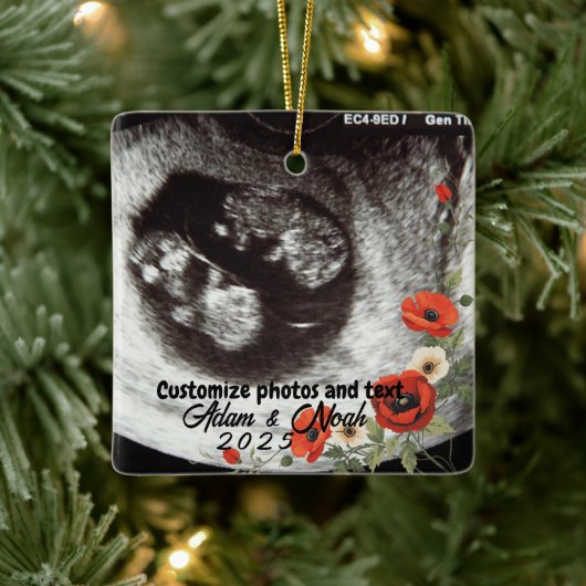 Two Photo Custom Text Red Poppies Free Palestine セラミックオーナメント (ツリー)