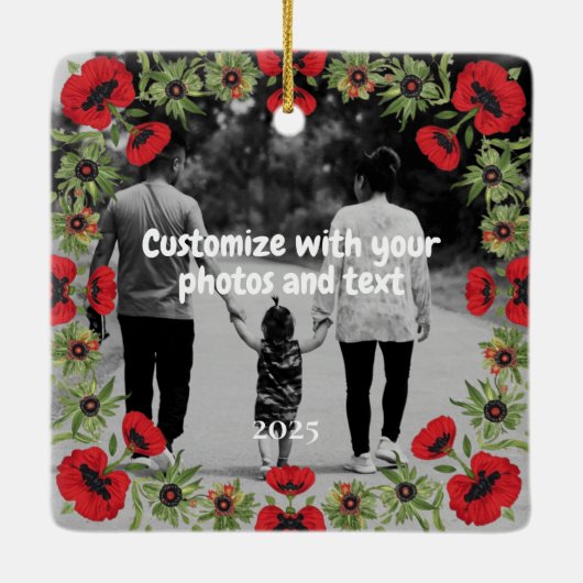 Two Photo Custom Text Red Poppies Free Palestine セラミックオーナメント (裏面)