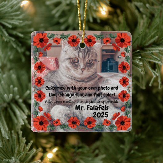 Two Photo Custom Text Red Poppies Free Palestine セラミックオーナメント (ツリー)