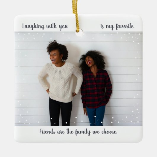 Two Photo Cute Script Best Friend Snowfall Holiday セラミックオーナメント (正面)
