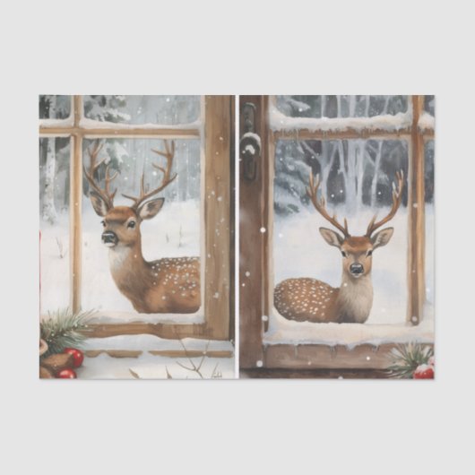 Two Pretty Winter Scenes of Deer in Window Panes 薄葉紙 (正面)