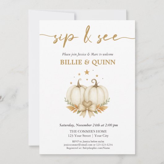 Two Pumpkins on their way Twin Baby Sip And See  招待状 (正面)