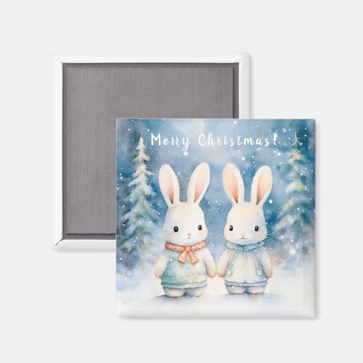 Two rabbits in the Christmas forest マグネット (正面/裏面)