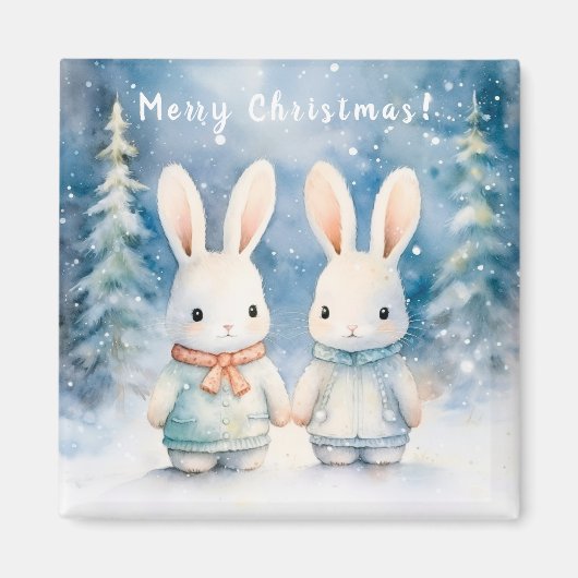Two rabbits in the Christmas forest マグネット (正面)