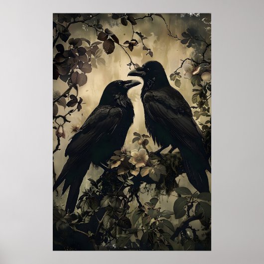 Two Ravens In Moody Floral Forest Printable, Crow ポスター (正面)
