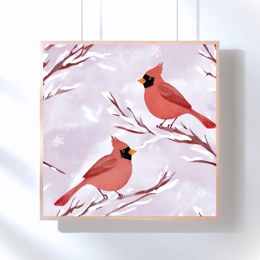 Two Red Cardinals | Watercolor Painting ポスター