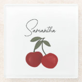 Two Red Cherries Illustration | Cute Fruit Art  ガラスコースター (正面)
