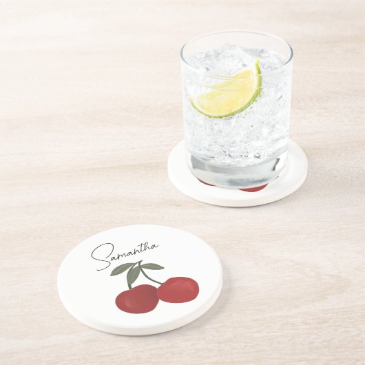 Two Red Cherries Illustration | Cute Fruit Art  コースター (側面)