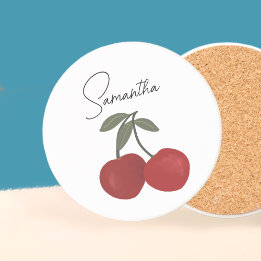 Two Red Cherries Illustration | Cute Fruit Art  コースター