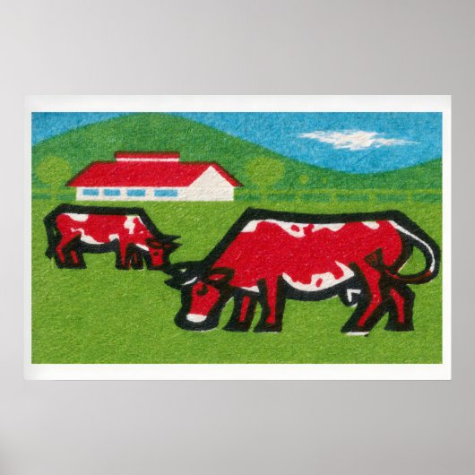 Two Red Cows Grazing Mid-Century Matchbox Label ポスター (正面)