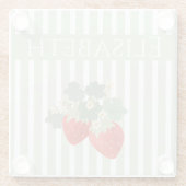 Two Red Strawberries Stripes & Flowers | Fruit ガラスコースター (裏面)