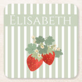 Two Red Strawberries Stripes & Flowers | Fruit スクエアペーパーコースター (正面)