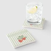 Two Red Strawberries Stripes & Flowers | Fruit ストーンコースター (横)