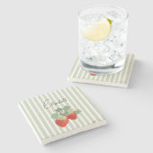 Two Red Strawberries Stripes & Flowers | Fruit ストーンコースター (横)