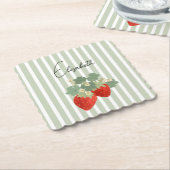 Two Red Strawberries Stripes & Flowers | Fruit ペーパーコースター (アングル)