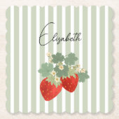 Two Red Strawberries Stripes & Flowers | Fruit ペーパーコースター (正面)