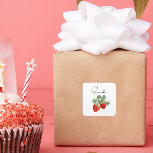 Two Red Strawberries with Leaves & Flowers | Fruit スクエアシール (パーティー)