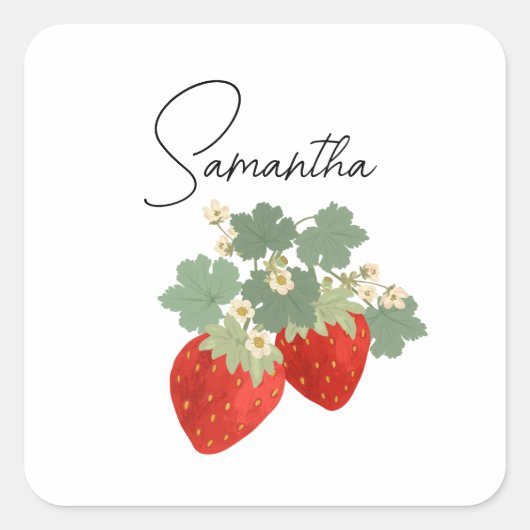 Two Red Strawberries with Leaves & Flowers | Fruit スクエアシール (正面)