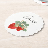 Two Red Strawberries with Leaves & Flowers | Fruit ペーパーコースター (アングル)
