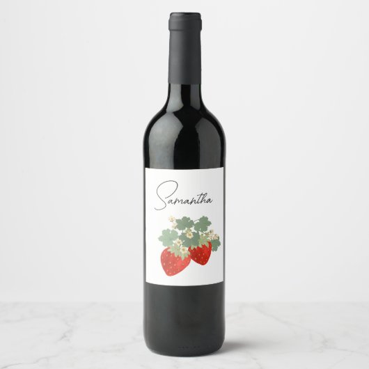 Two Red Strawberries with Leaves & Flowers | Fruit ワインラベル (正面)