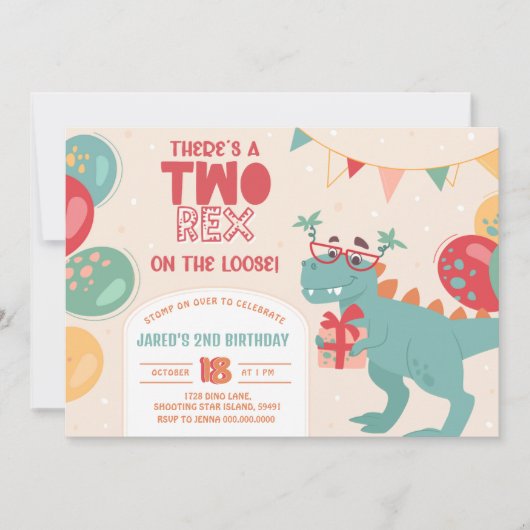 Two Rex Birthday Invitation. Dino 2nd Invite. Prin 招待状 (正面)