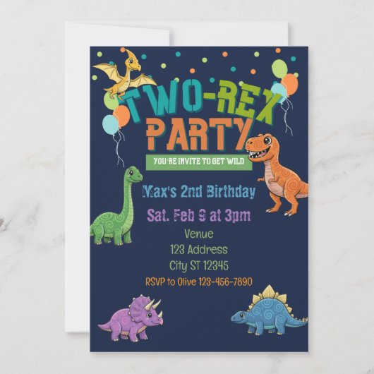 Two-Rex Party Dinosaur 2nd Birthday 招待状 (正面)