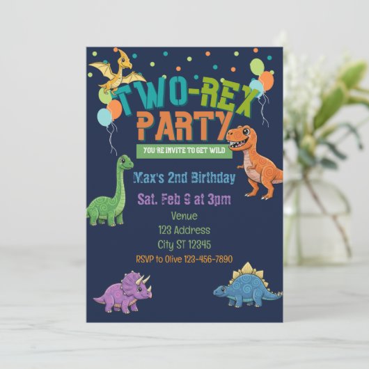 Two-Rex Party Dinosaur 2nd Birthday 招待状 (スタンド正面)