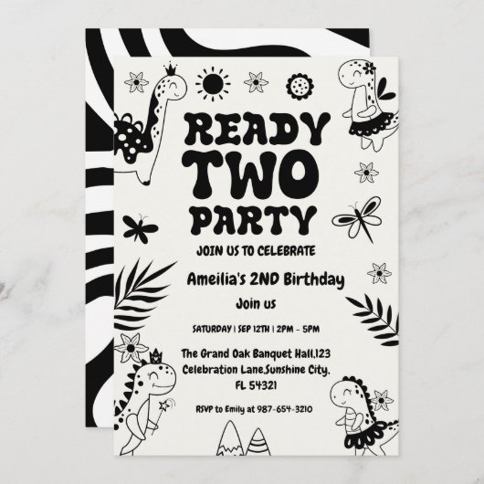 Two Rex Ready dinosaur, girl Second Birthday Party 招待状 (正面/裏面)