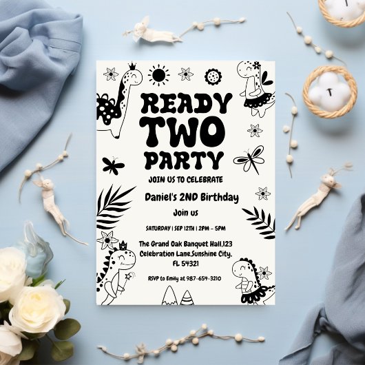 Two Rex Ready Two Party, Boy Second Birthday Party 招待状