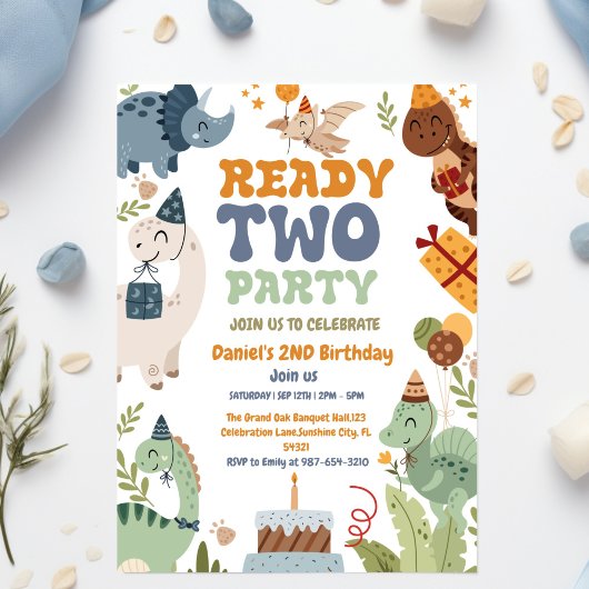 Two Rex Ready Two Party, Boy Second Birthday Party 招待状