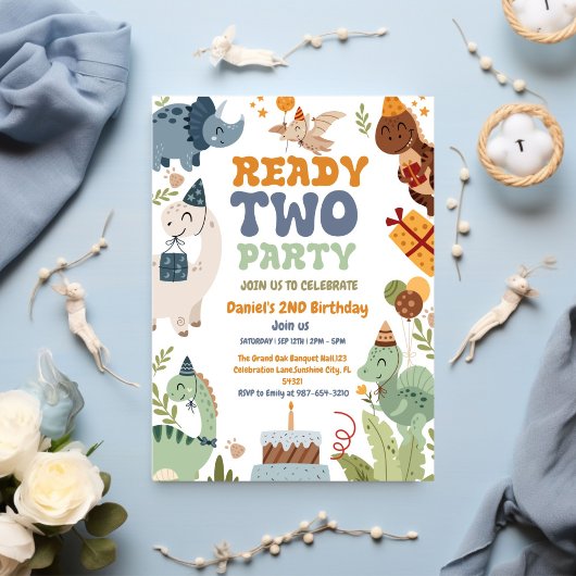 Two Rex Ready Two Party, Boy Second Birthday Party 招待状