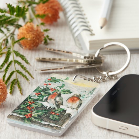 Two robins on a fence in the snow キーホルダー (正面右)