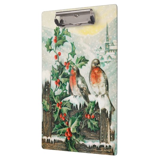 Two robins on a fence in the snow クリップボード (左)