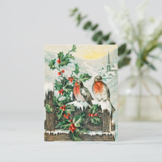 Two robins on a fence in the snow ポストカード (スタンド正面)