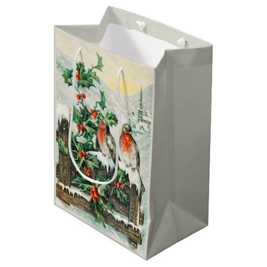 Two robins on a fence in the snow  ミディアムペーパーバッグ (正面アングル)