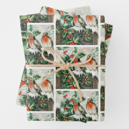 Two robins on a fence in the snow ラッピングペーパーシート