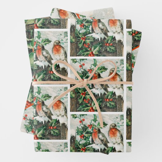 Two robins on a fence in the snow ラッピングペーパーシート (インサイチュ)