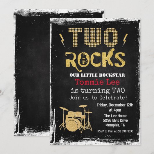 Two Rocksロックスタードラムセット2歳の誕生日招待状 招待状 (正面/裏面)