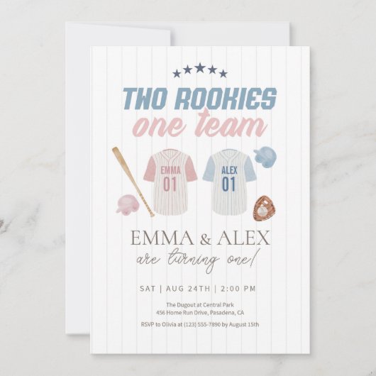 Two Rookies One Team Baseball Sibling Birthday 招待状 (正面)
