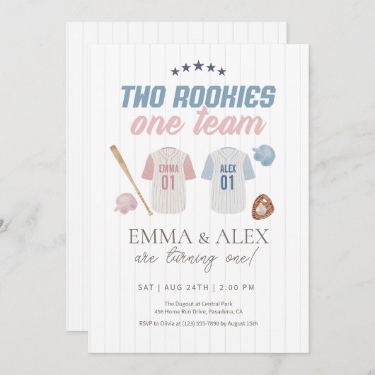 Two Rookies One Team Baseball Sibling Birthday 招待状 (正面/裏面)