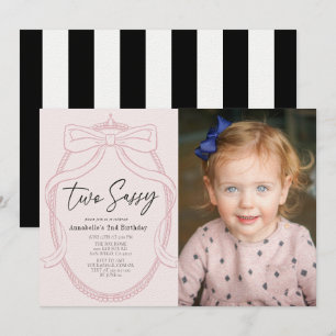 Two Sassy Pink Tiara & Bow Girl Photo 2nd Birthday 招待状