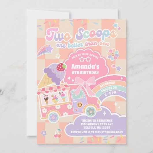 Two Scoop Ice Cream Groovy Daisy 2nd Birthday 招待状 (正面)